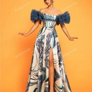 Elegant Off-Shoulder Blue and White Gown